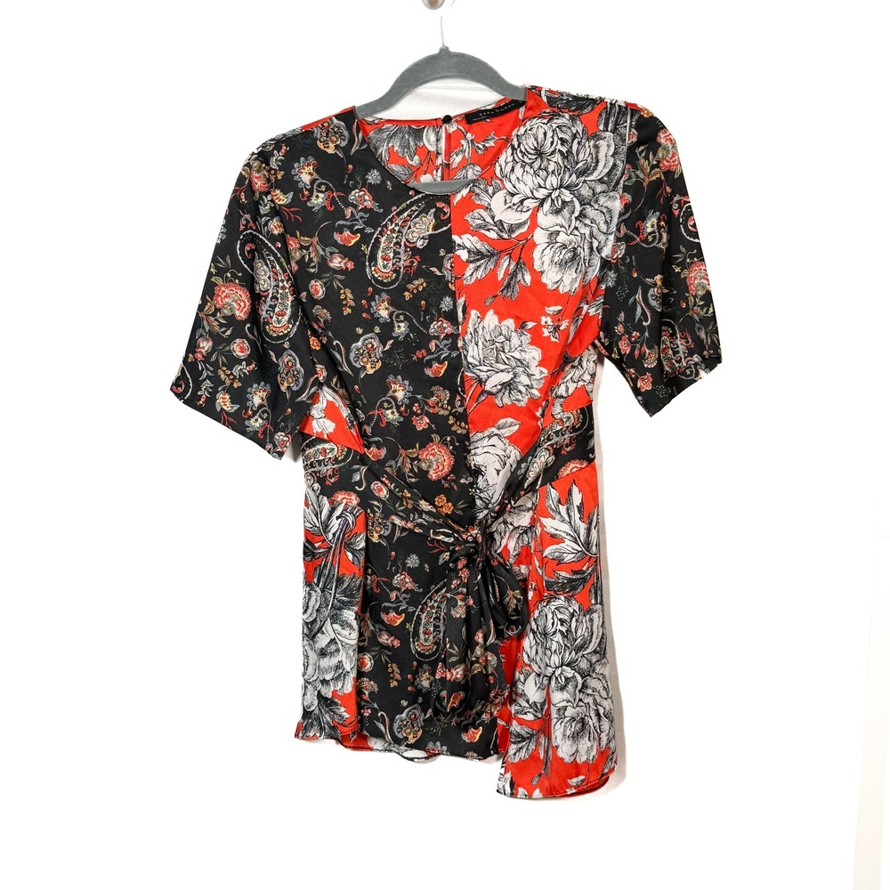 Zara Woman Asian Floral Print Tie Waist Blouse Top Short Sleeve Red Black S Y2K